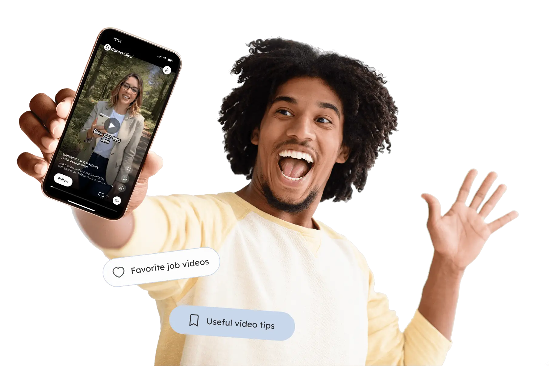 man showing a phone with CareerClips app