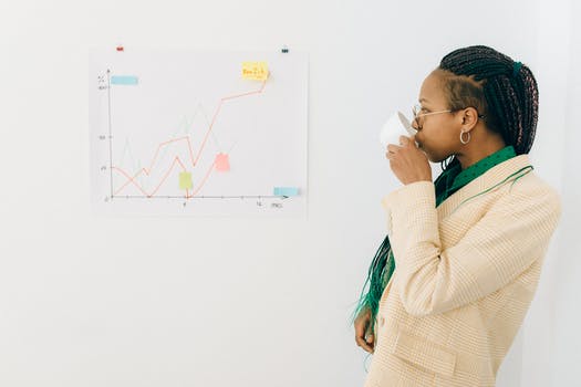 Woman in beige and white striped coat holding white ceramic mug while looking at the graph