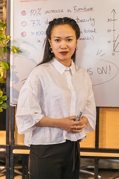 A businesswoman standing in front of the whiteboard