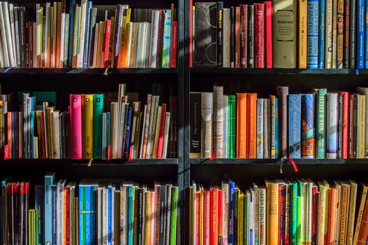 Books in black wooden book shelf