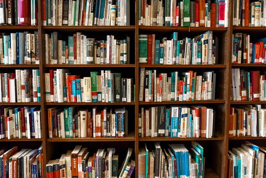 Assorted books on book shelves